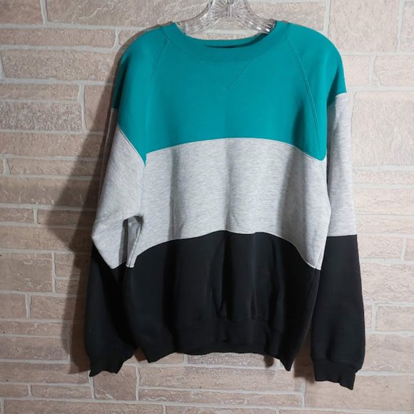 Vtg 90s Eddie Bauer Mens L Color Block Striped Crewneck Sweatshirt USA